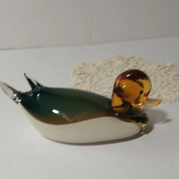 Murano Glass Duck Figurine - Green and Amber - Picture 10 of 13